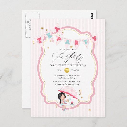 Derde verjaardag van roze en goudmeisjes Tea Party Briefkaart (Voorkant / Achterkant)