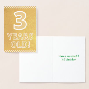 Derde verjaardag - Vet "3 JAAR OUD"! Gold Foil Kaa Folie Kaarten