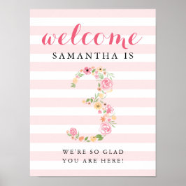 Derde verjaardag Welkomstteken Roze Waterverf Flor Poster