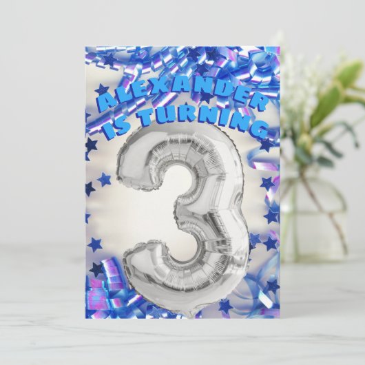 Derde verjaardag Zilver en Blauwe Leeftijd 3 Jonge Kaart (Staand voorkant)