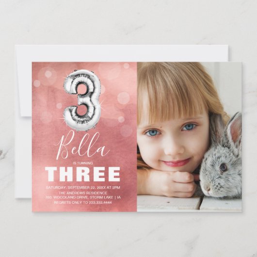 Derde verjaardag Zilveren Ballon | Roze fotoparty Kaart (Voorkant)