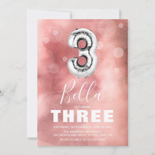 Derde verjaardag Zilveren Ballon | Roze Partij Kaart (Voorkant)