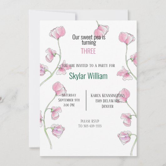 Derde verjaardagsfeest roze zoete erwt kaart (Voorkant)