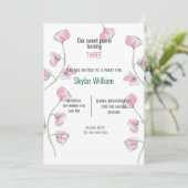 Derde verjaardagsfeest roze zoete erwt kaart (Staand voorkant)