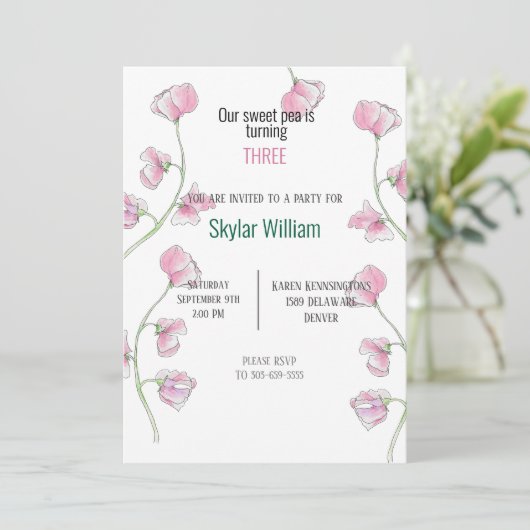 Derde verjaardagsfeest roze zoete erwt kaart (Staand voorkant)