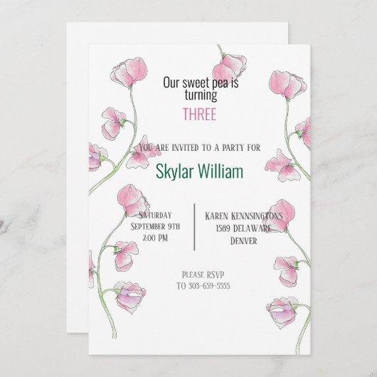 Derde verjaardagsfeest roze zoete erwt kaart (Voorkant / Achterkant)