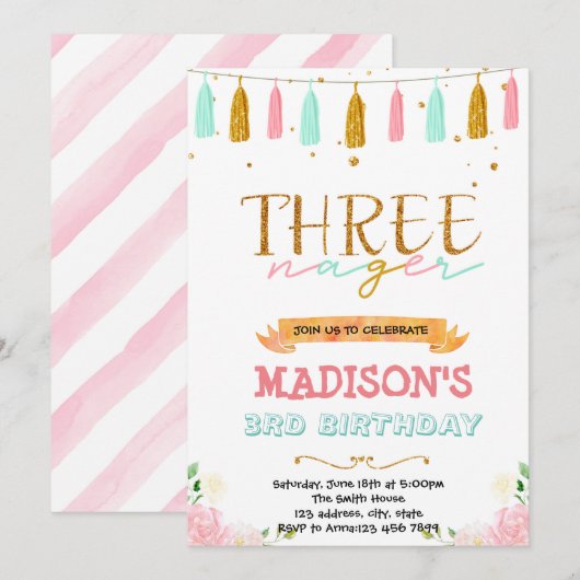 Derde verjaardagsuitnodiging kaart (Voorkant / Achterkant)