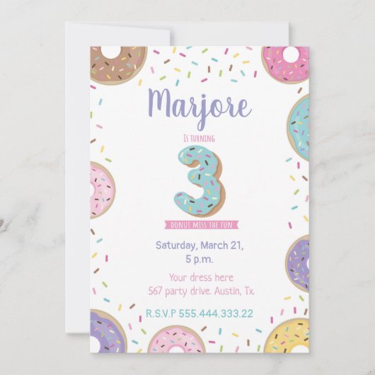 Derde verjaardagsuitnodiging, zoete donut uitnodig kaart (Voorkant)