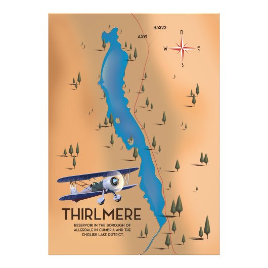 Derlmere Reservoir Lake District Map Foto Afdruk (Voorkant)