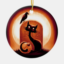 Derpy Halloween Cat van een Tombstone Keramisch Ornament