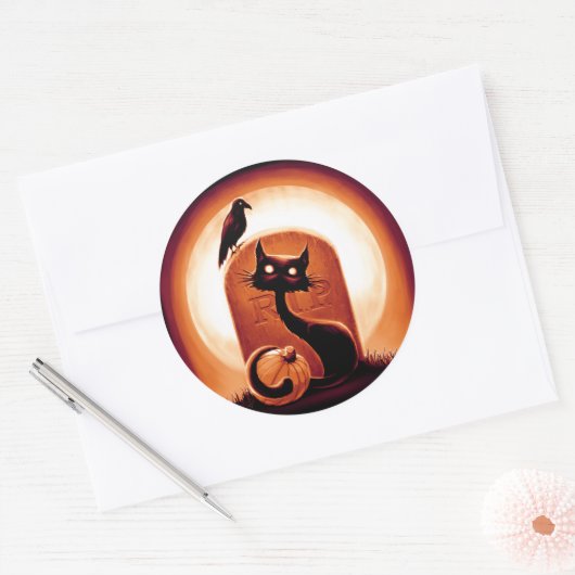 Derpy Halloween Cat van een Tombstone Ronde Sticker (Envelop)