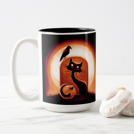 Derpy Halloween Cat van een Tombstone Tweekleurige Koffiemok (Met donut)