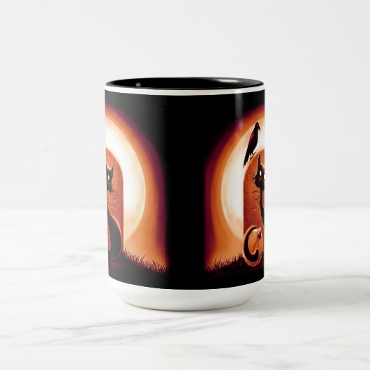 Derpy Halloween Cat van een Tombstone Tweekleurige Koffiemok (Center)
