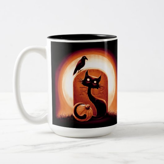 Derpy Halloween Cat van een Tombstone Tweekleurige Koffiemok (Links)