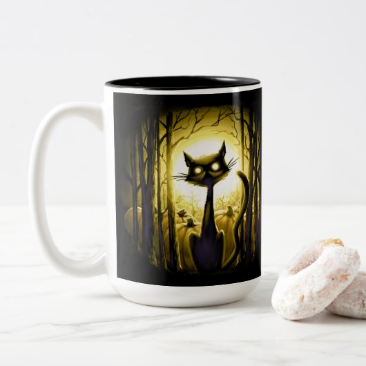Derpy Little Halloween Cat in a Pumpkin Patch Tweekleurige Koffiemok (Met donut)