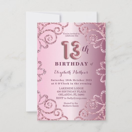 Dertiende verjaardag roze glitter ballon script kaart (Voorkant)