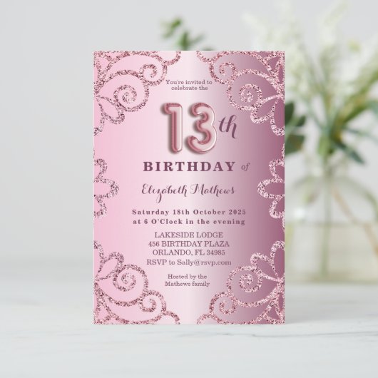 Dertiende verjaardag roze glitter ballon script kaart (Staand voorkant)