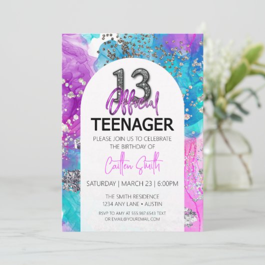 Dertiende verjaardag uitnodiging Cool Neon Glitter (Staand voorkant)