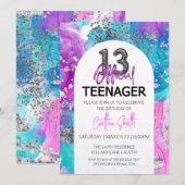 Dertiende verjaardag uitnodiging Cool Neon Glitter (Voorkant / Achterkant)