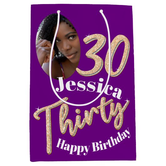 Dertig 30e verjaardag foto van gouden zilver paars medium cadeauzakje (Voorkant)
