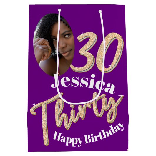 Dertig 30e verjaardag foto van gouden zilver paars medium cadeauzakje (Achterkant)