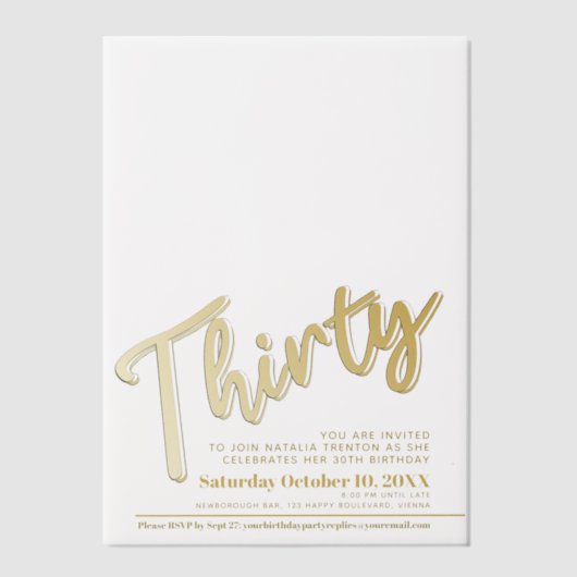 Dertig 30e verjaardag gouden script tekst overlay vellum uitnodigingen (Voorkant)