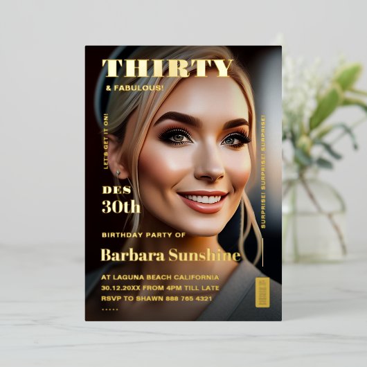 Dertig 30e verjaardag magazine Elegant Modern Goud Folie Uitnodiging (Staand Voorkant)