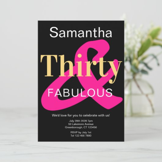 Dertig en Fabulous 30th Birthday Zwart Goud Roze Kaart (Staand voorkant)