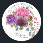 Dertig en Fabulous Elegant Floral 30th Birthday Ronde Sticker<br><div class="desc">Dertig en Fabulous Elegant Floral 30th Birthday Stickers zijn voorzien van een stijlvolle waterverf bloem in roze,  paarse en glansrijke roze. Voeg gewoon je aangepaste tekst toe voor je dertigste verjaardagsfeestje. Gepersonaliseerd door de tekst in de tekstvakjes uit te geven verstrekt. Ontworpen door ©Evco Studio www.zazzle.com/store/evcostudio</div>