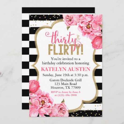 Dertig en felroze goudflora 30e verjaardag kaart (Voorkant / Achterkant)