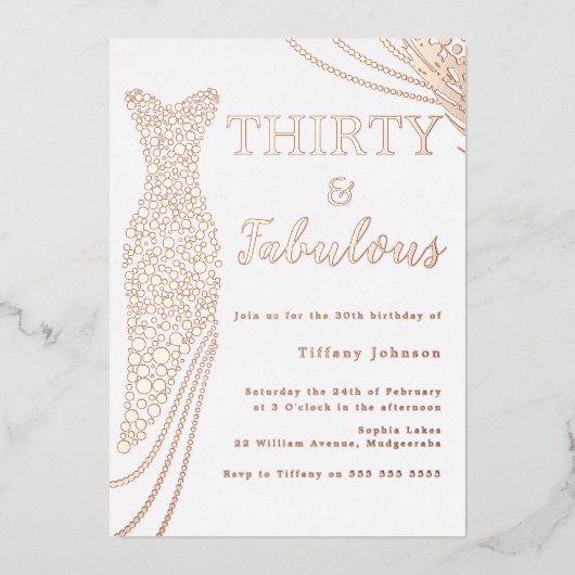 Dertig & Fabulous! Roos gouden jurk 30e verjaardag Folie Uitnodiging (Voorkant)