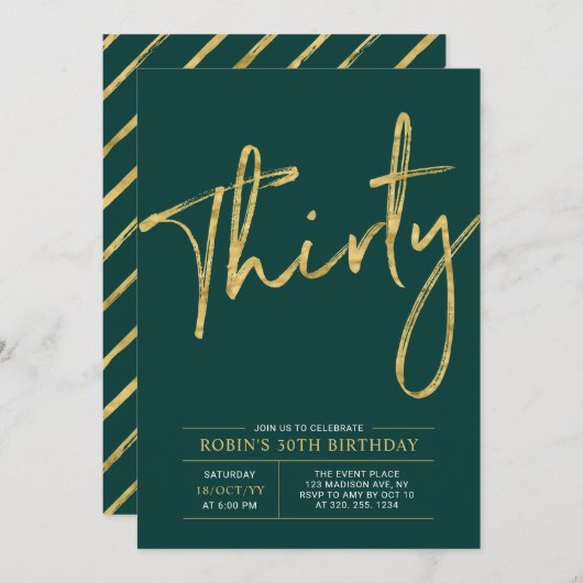 Dertig | Goud & Groen Modern 30e Verjaardagsfeestj Kaart (Voorkant / Achterkant)