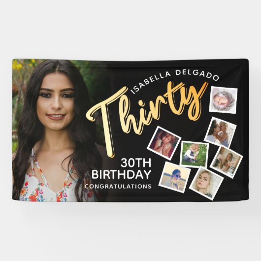 Dertig gouden 30e verjaardag foto's op zwart spandoek (Horizontaal)