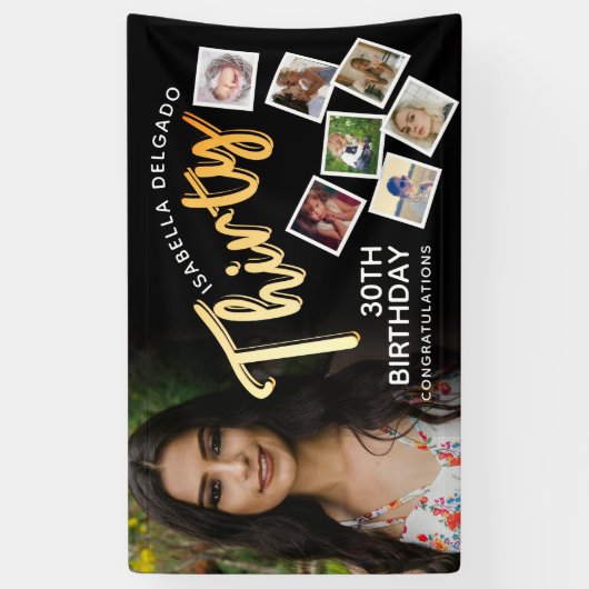 Dertig gouden 30e verjaardag foto's op zwart spandoek (Verticaal)