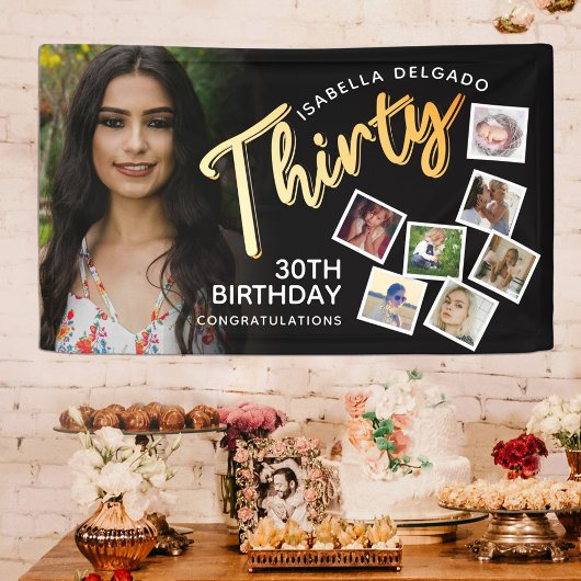 Dertig gouden 30e verjaardag foto's op zwart spandoek