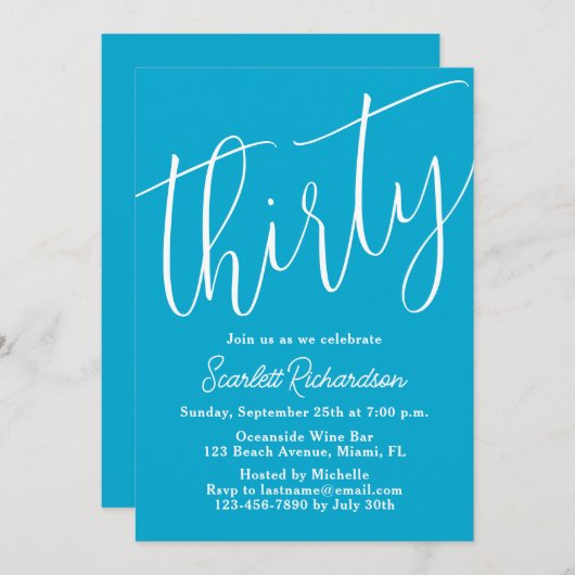 Dertig Modern Script Aqua Blue 30ste verjaardagsfe Kaart (Voorkant / Achterkant)