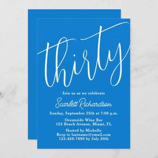 Dertig Modern Script Blauw 30ste Verjaardagsfeest Kaart (Voorkant / Achterkant)