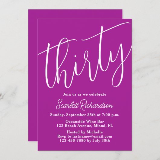 Dertig Modern Script Donker Roze 30ste Verjaardags Kaart (Voorkant / Achterkant)