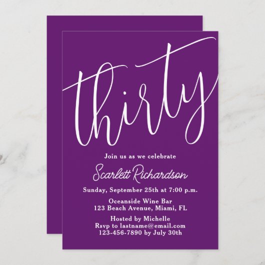 Dertig Modern Script Herfst Paarse 30e Verjaardag Kaart (Voorkant / Achterkant)