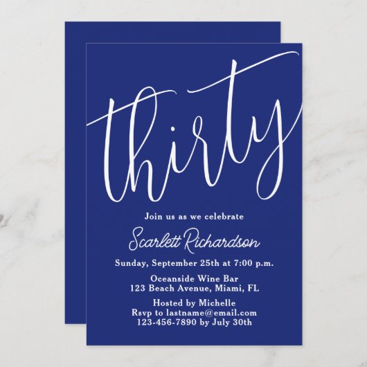 Dertig Modern Script Marine Blauw 30ste Verjaardag Kaart (Voorkant / Achterkant)