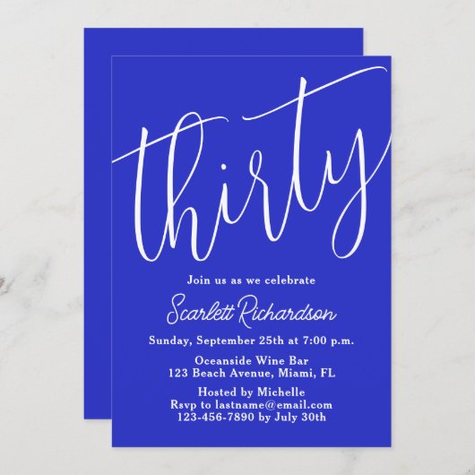 Dertig Modern Script Royal Blue 30e verjaardag Kaart (Voorkant / Achterkant)