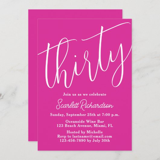 Dertig Modern Script Roze 30ste Verjaardagsfeest Kaart (Voorkant / Achterkant)