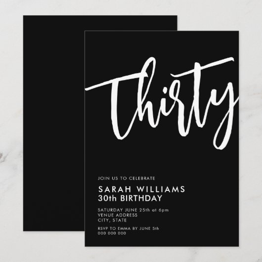 Dertig moderne zwarte en witte 30e verjaardag kaart (Voorkant / Achterkant)