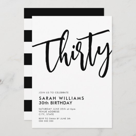 Dertig moderne zwarte en witte 30e verjaardag kaart (Voorkant / Achterkant)