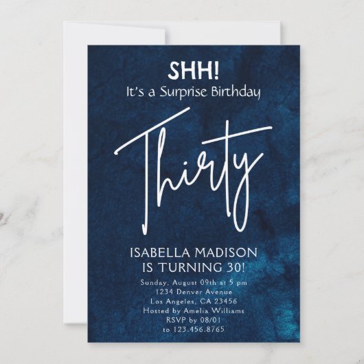dertig | Navy Blue 30e Verjaardag Verrassingsfeest Kaart (Voorkant)