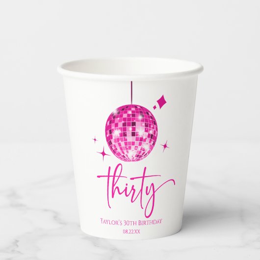 Dertig roze discobal 30e verjaardagsfeest papieren bekers (Achterkant)