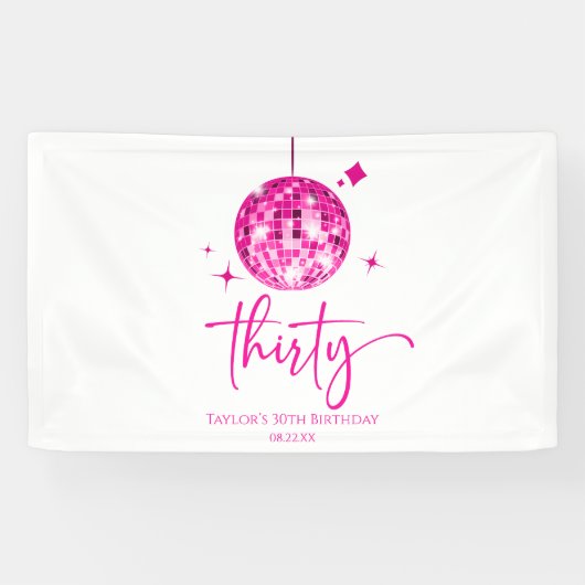 Dertig roze discobal 30e verjaardagsfeest spandoek (Horizontaal)