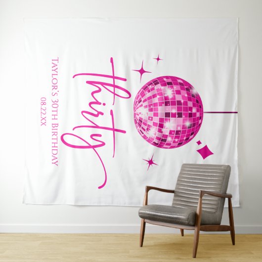 Dertig roze discobal 30e verjaardagsfeest wandkleed (In Situ (horizontaal))