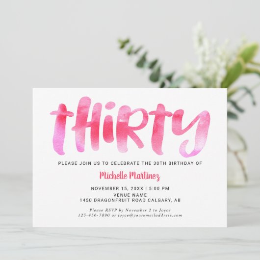 Dertig roze Waterverf Was 30e verjaardag Vrouw Kaart (Staand voorkant)