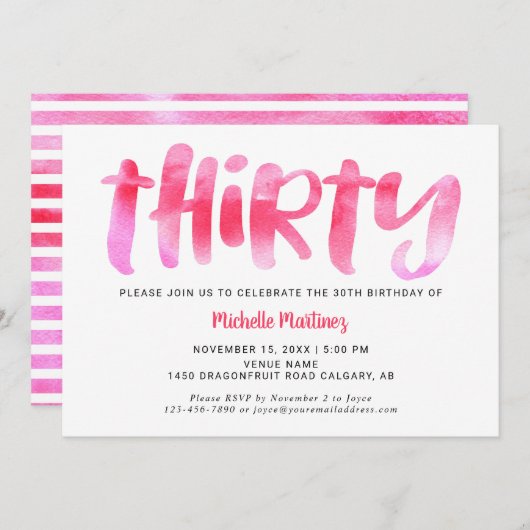 Dertig roze Waterverf Was 30e verjaardag Vrouw Kaart (Voorkant / Achterkant)
